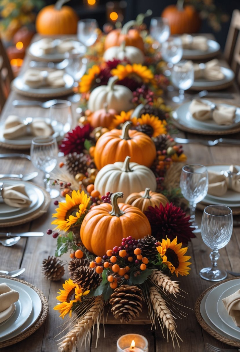 A Thanksgiving table with a centerpiece of pumpkins, fall leaves, berries, flowers, and pinecones, surrounded by plates, silverware, and glasses.