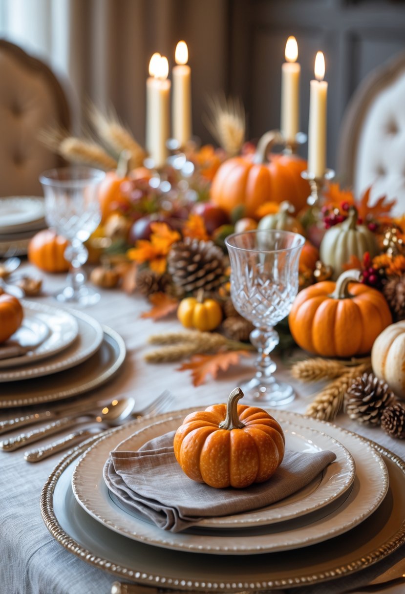 A beautifully decorated Thanksgiving dining table with pumpkins, candles, autumn leaves, and elegant tableware.