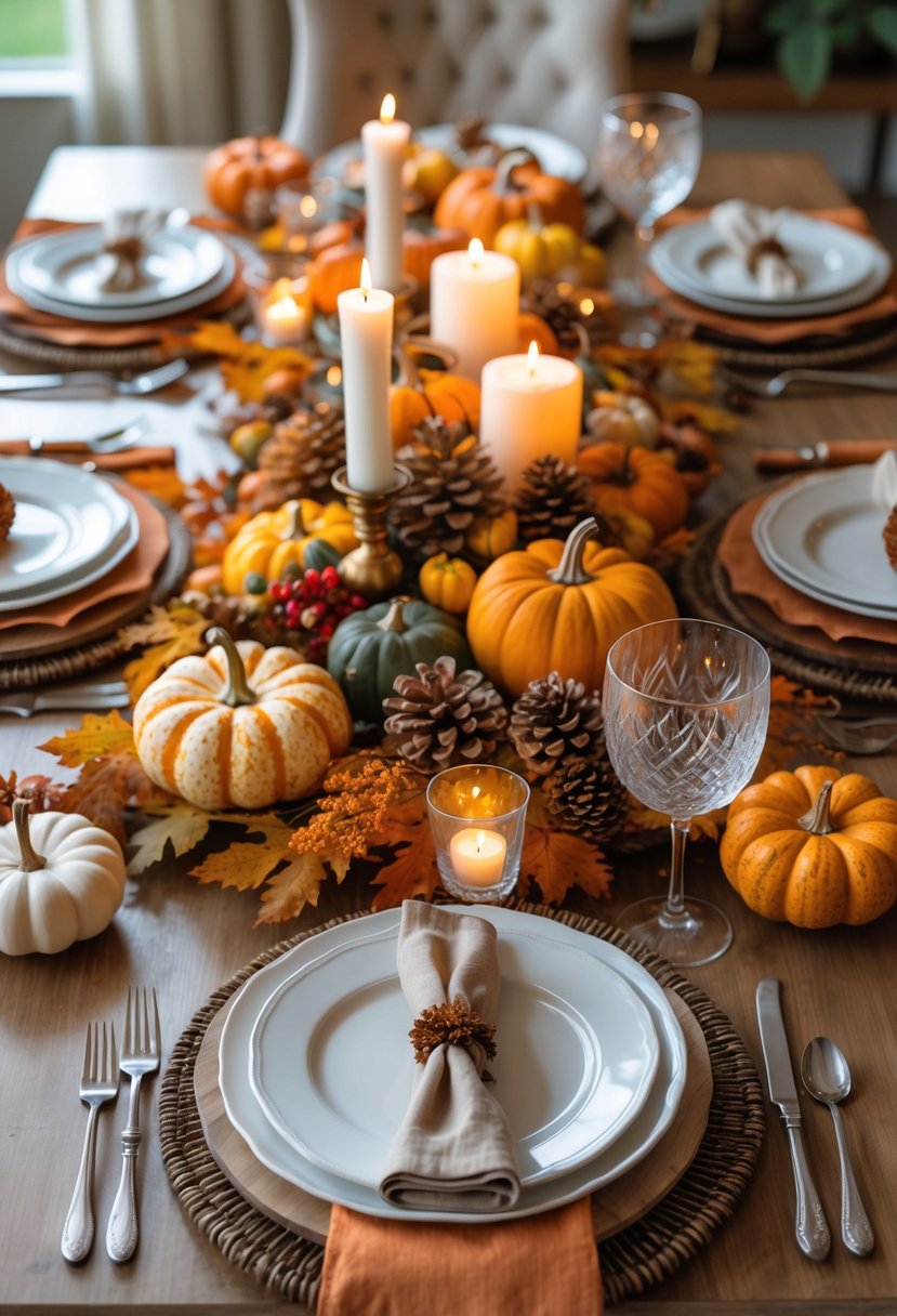A beautifully set Thanksgiving table with autumn decorations, candles, plates, glasses, and seasonal centerpieces.