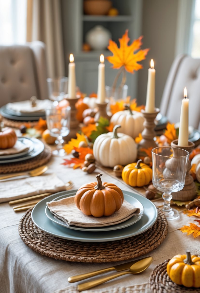 A Thanksgiving table decorated with handmade pumpkin centerpieces, candles, fall leaves, and gourds in a cozy dining room.