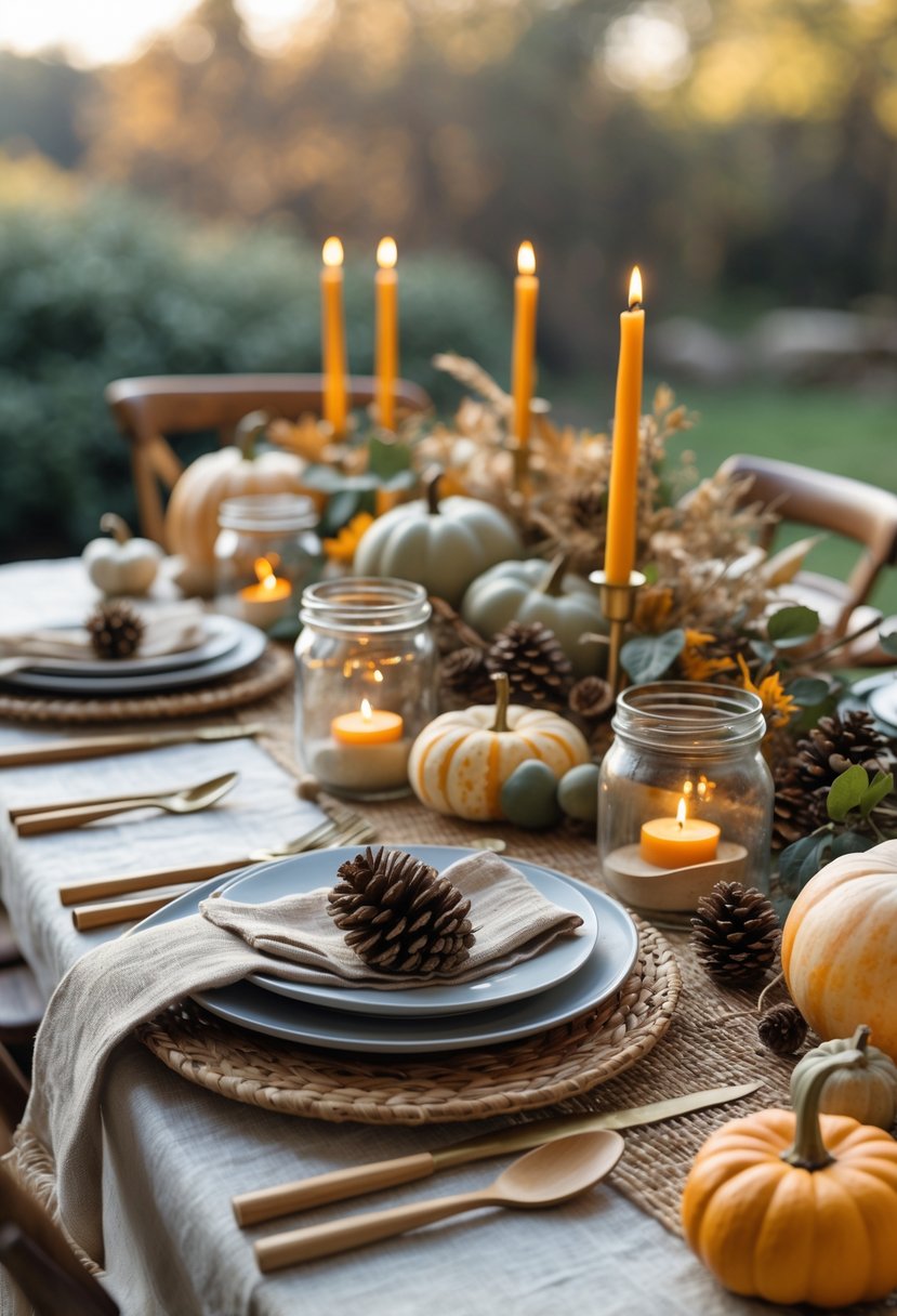A Thanksgiving table set outdoors with eco-friendly decorations including natural foliage, pumpkins, reusable plates, bamboo cutlery, and cloth napkins.