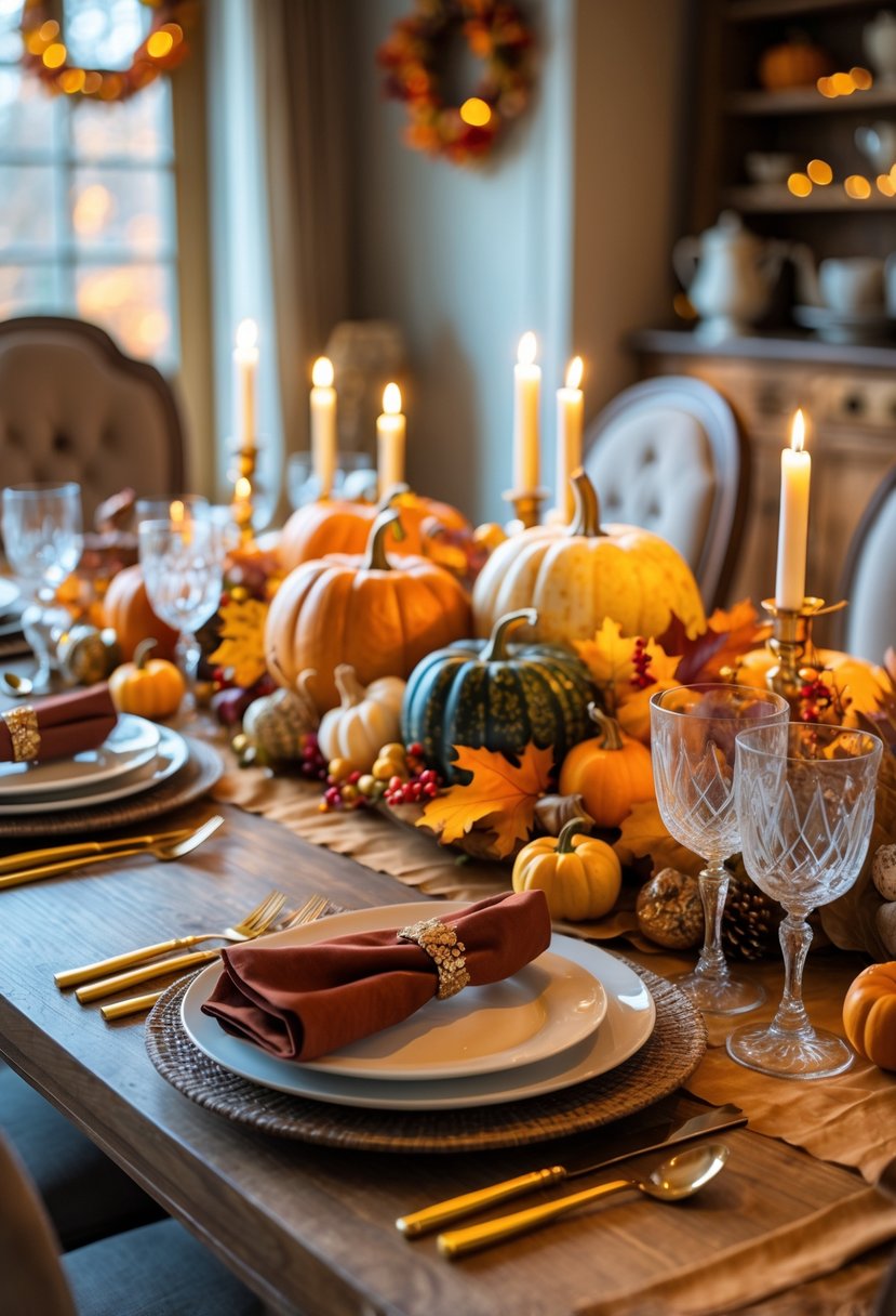 A beautifully set Thanksgiving dining table with autumn decorations, candles, plates, and glassware in a cozy dining room.