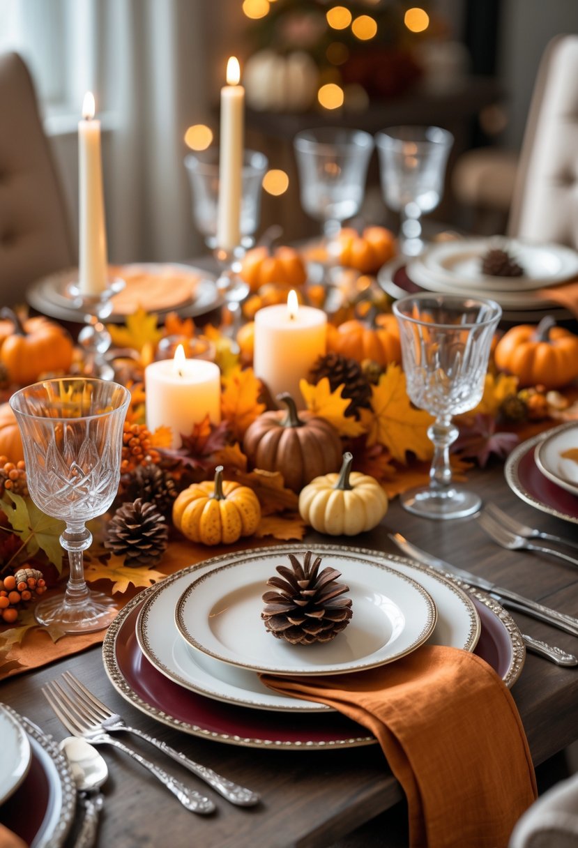 A Thanksgiving table set with autumn-themed decorations including pumpkins, fall leaves, candles, plates, silverware, and glassware.