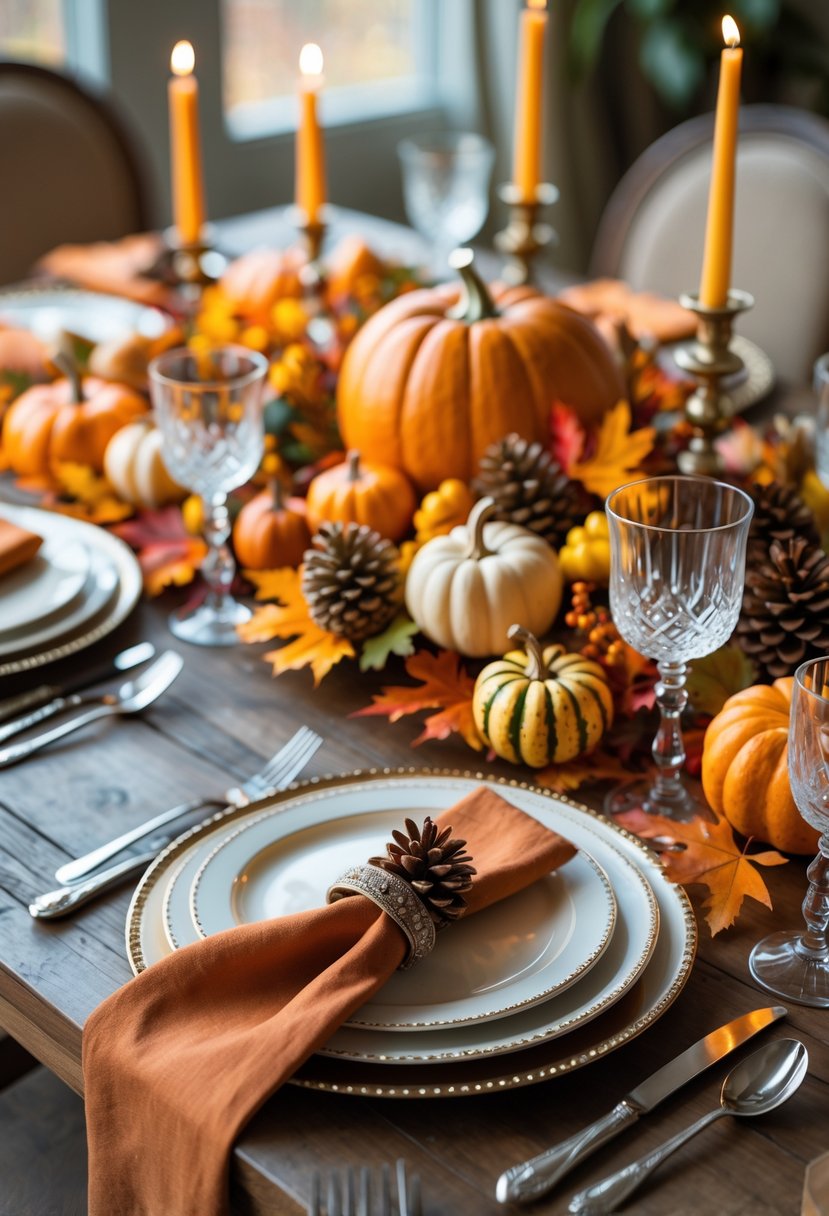 A Thanksgiving table set with autumn decorations, plates, silverware, glasses, and candles arranged for a festive meal.