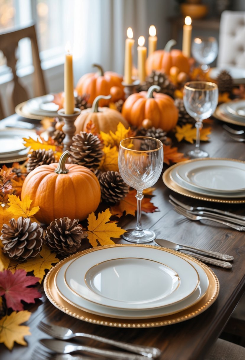A Thanksgiving dining table set with pumpkins, fall leaves, candles, plates, silverware, and glasses in a cozy room.