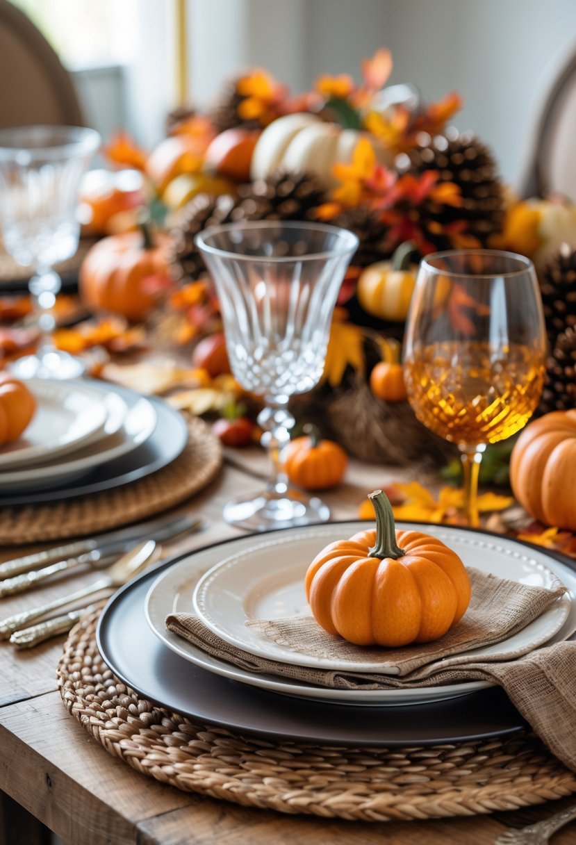 A beautifully arranged Thanksgiving table with autumn decorations, plates, glasses, and seasonal centerpieces.