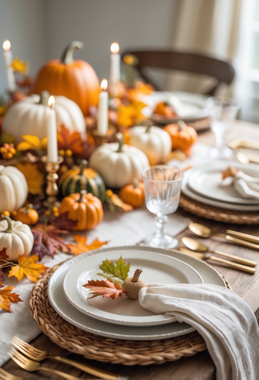 A Thanksgiving table set with autumn decorations, plates, cutlery, candles, and seasonal centerpieces.