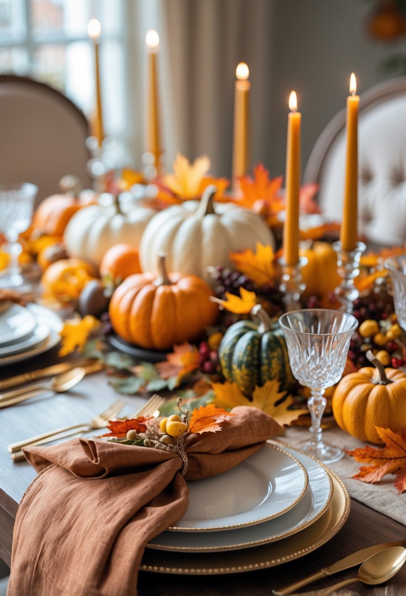 A Thanksgiving table set with autumn decorations including pumpkins, candles, and colorful fall leaves, with plates and glasses arranged neatly.