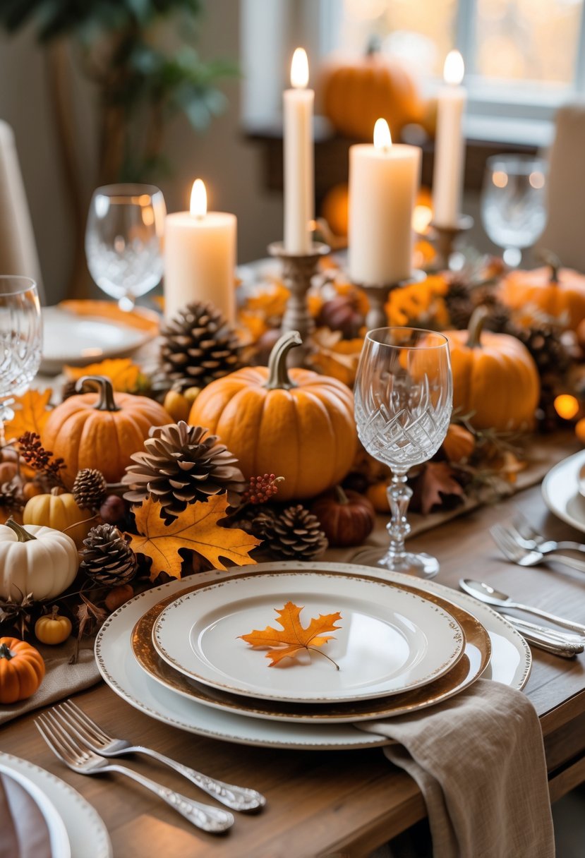 A Thanksgiving dining table set with autumn-themed centerpiece, plates, silverware, glasses, and candles.