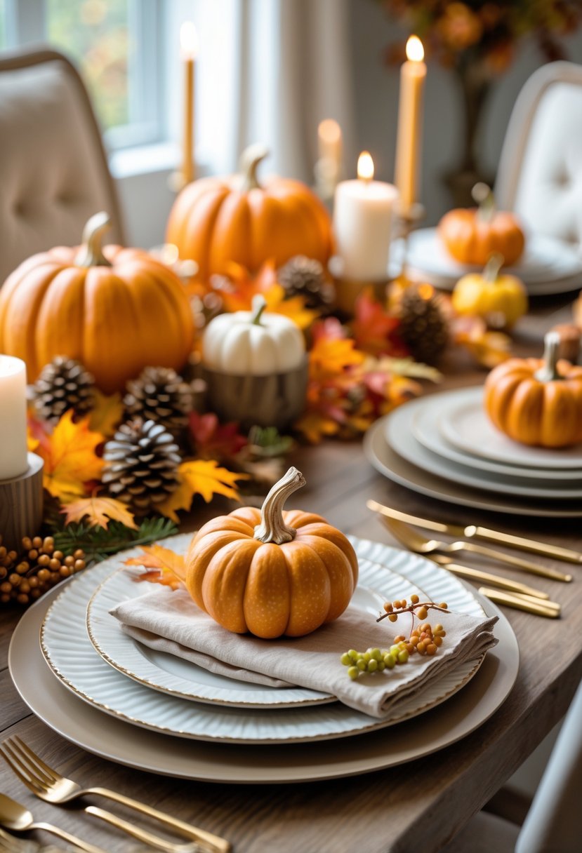 A Thanksgiving table decorated with handmade fall-themed centerpieces, candles, plates, and cutlery on a wooden table.
