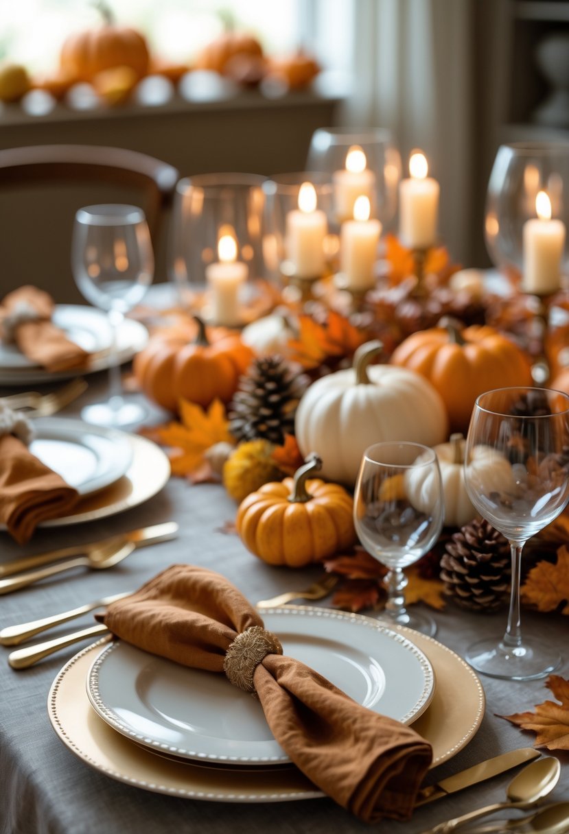 A small dining table set for Thanksgiving with autumn decorations, plates, glasses, and candles.