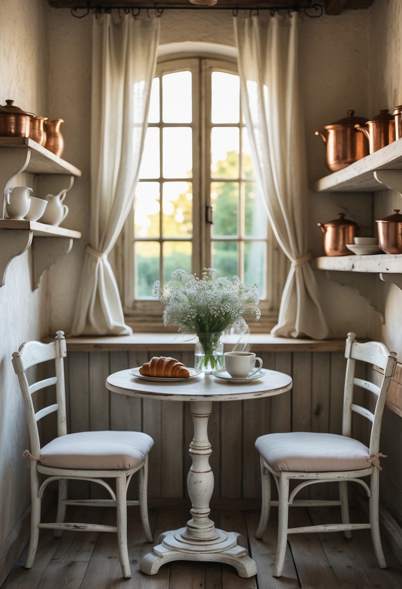 A cozy breakfast nook with a round wooden table set for breakfast, a vase of flowers, and sunlight coming through a window in a rustic kitchen.
