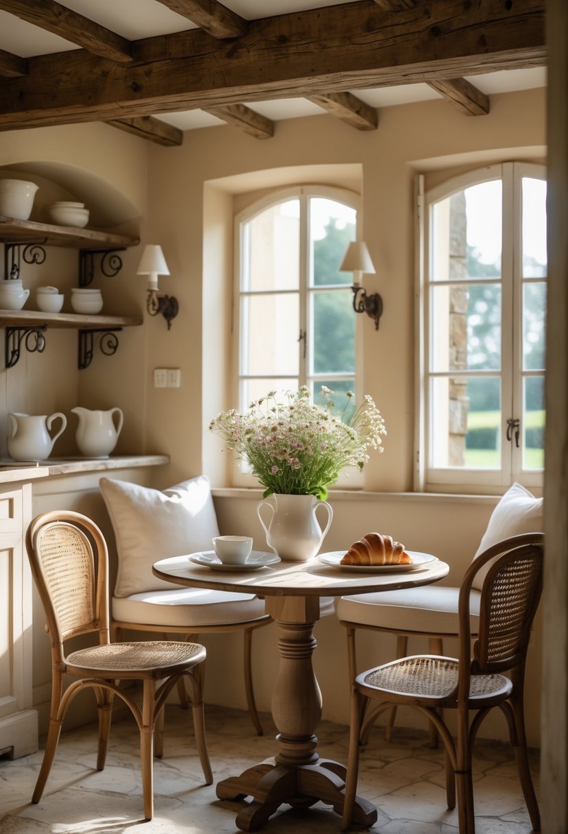 A cozy breakfast nook with a small round table set for a meal, surrounded by wooden chairs near large windows letting in natural light.