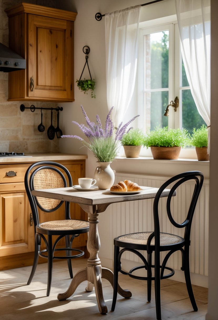A small wooden table with two bistro chairs in a bright kitchen, set with a vase of lavender, croissants, and coffee, next to a window with sheer curtains.