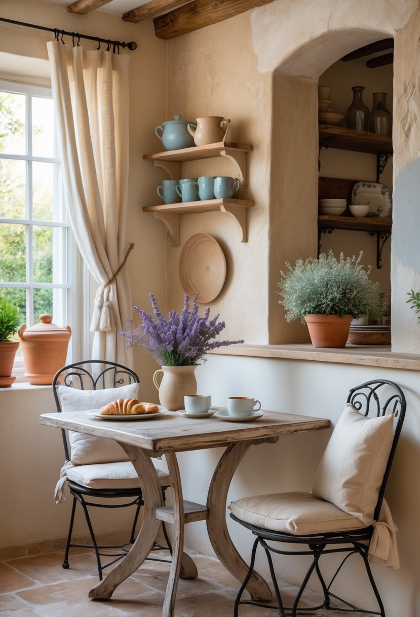 A cozy breakfast nook with a wooden table, wrought iron chairs, fresh flowers, and natural light from a window.