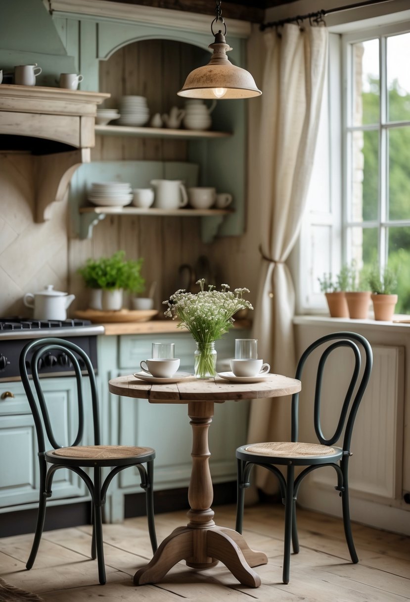 A small round table set for two in a cozy kitchen nook with wooden chairs, fresh flowers, and natural light coming through a window.