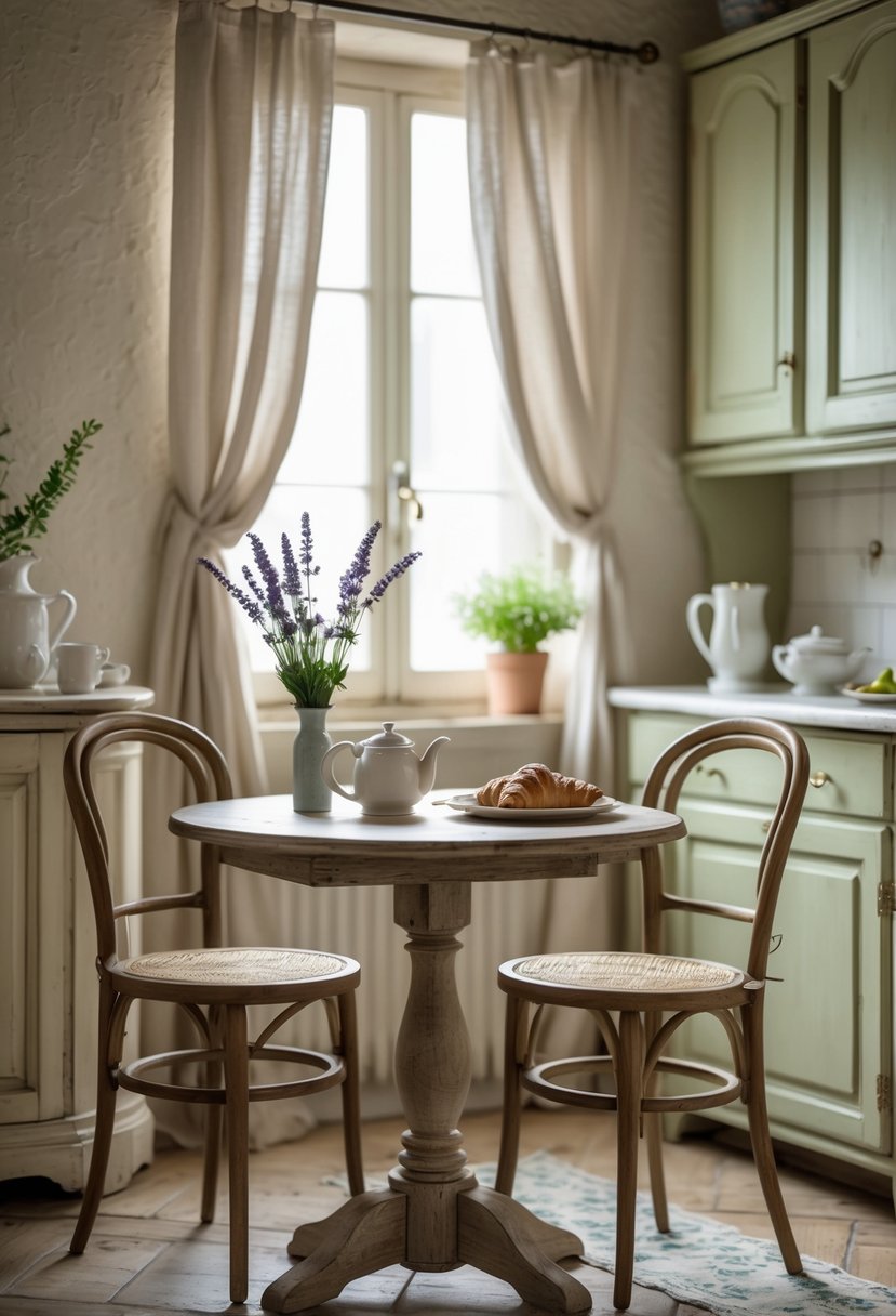 A small breakfast nook with a round wooden table, two chairs, a vase with flowers, a teapot, and pastries near a window with light curtains.