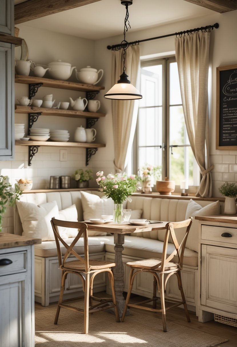 A cozy kitchen breakfast nook with a wooden bistro table and chairs, sunlit and decorated with fresh flowers, surrounded by white cabinetry and open shelves.