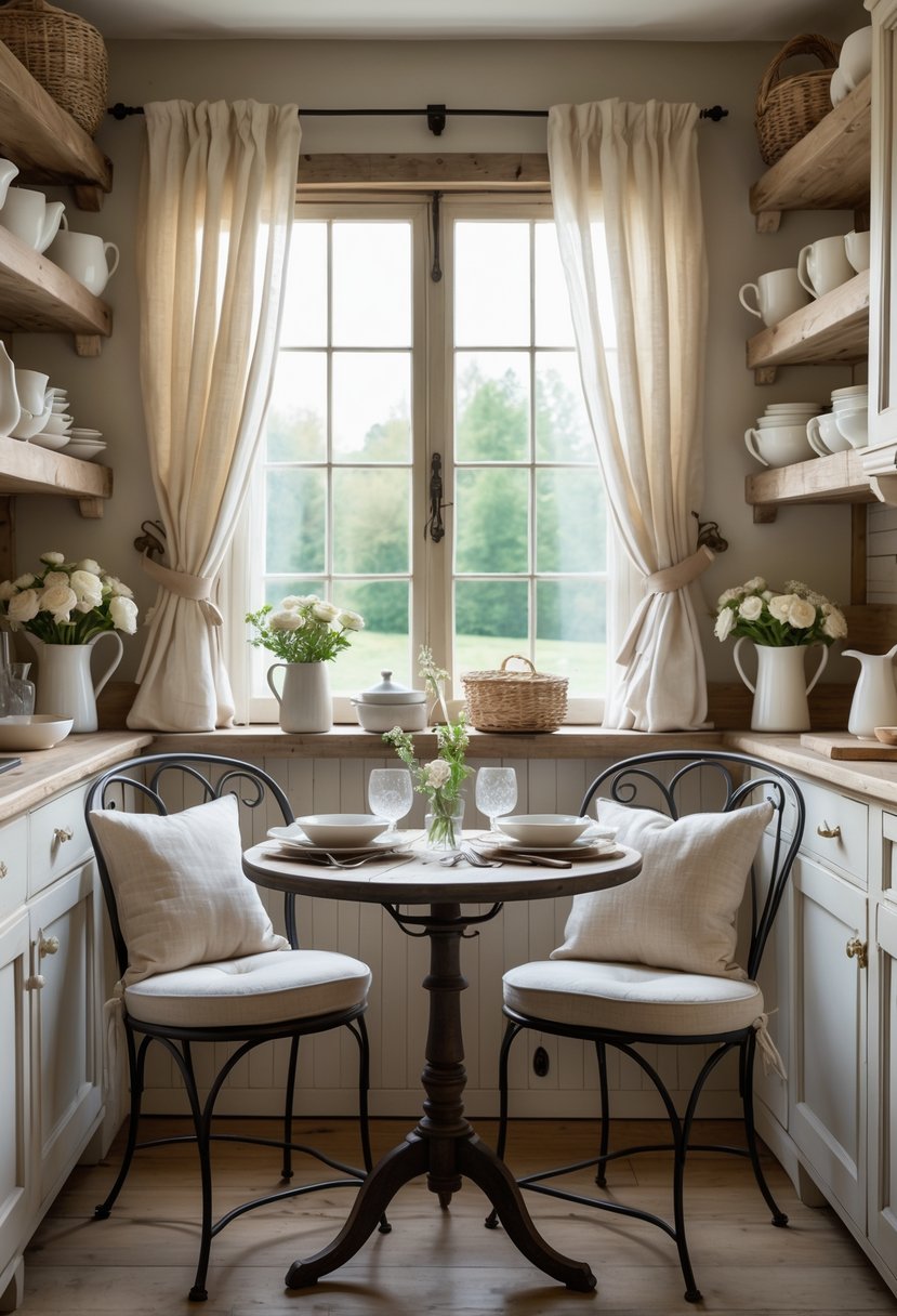 A cozy kitchen breakfast nook with a small round table set for two, wrought iron chairs, and natural light coming through a window.