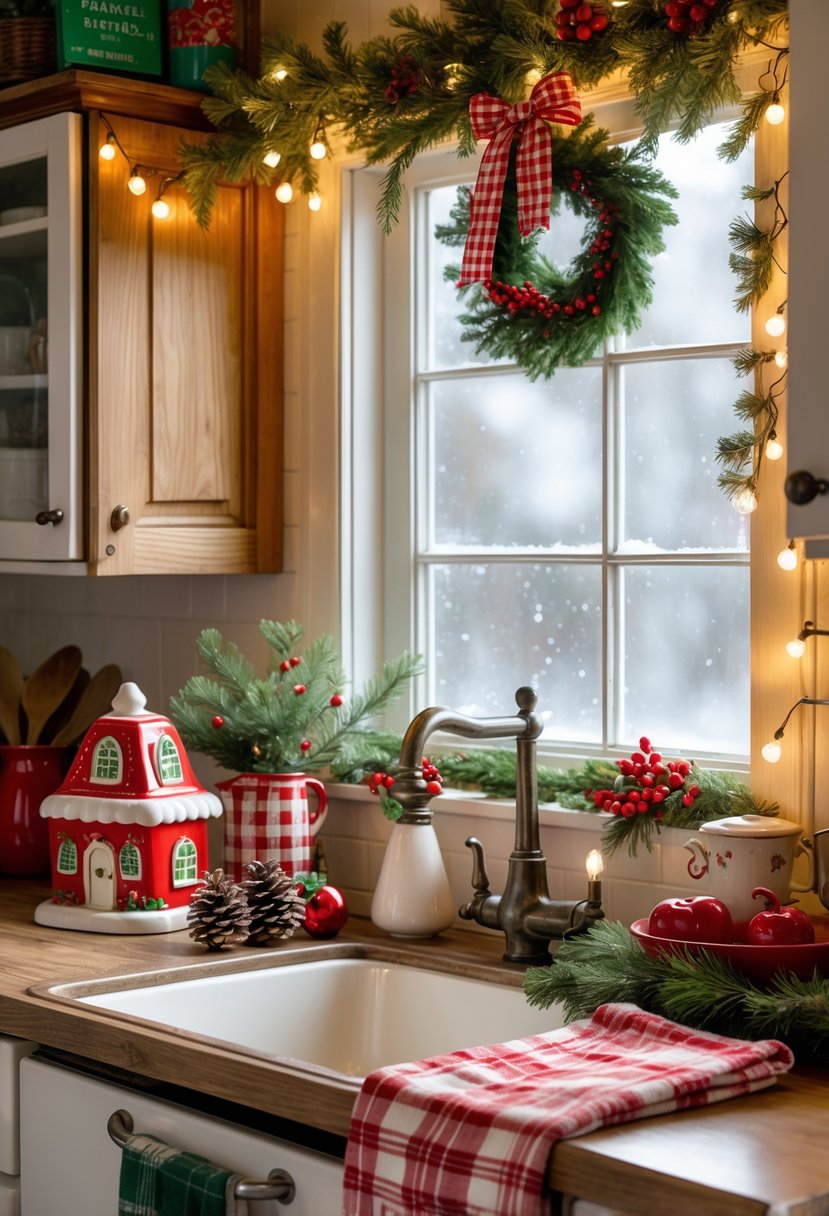 A cozy kitchen decorated with vintage Christmas ornaments, pine sprigs, a gingerbread house cookie jar, and warm string lights.