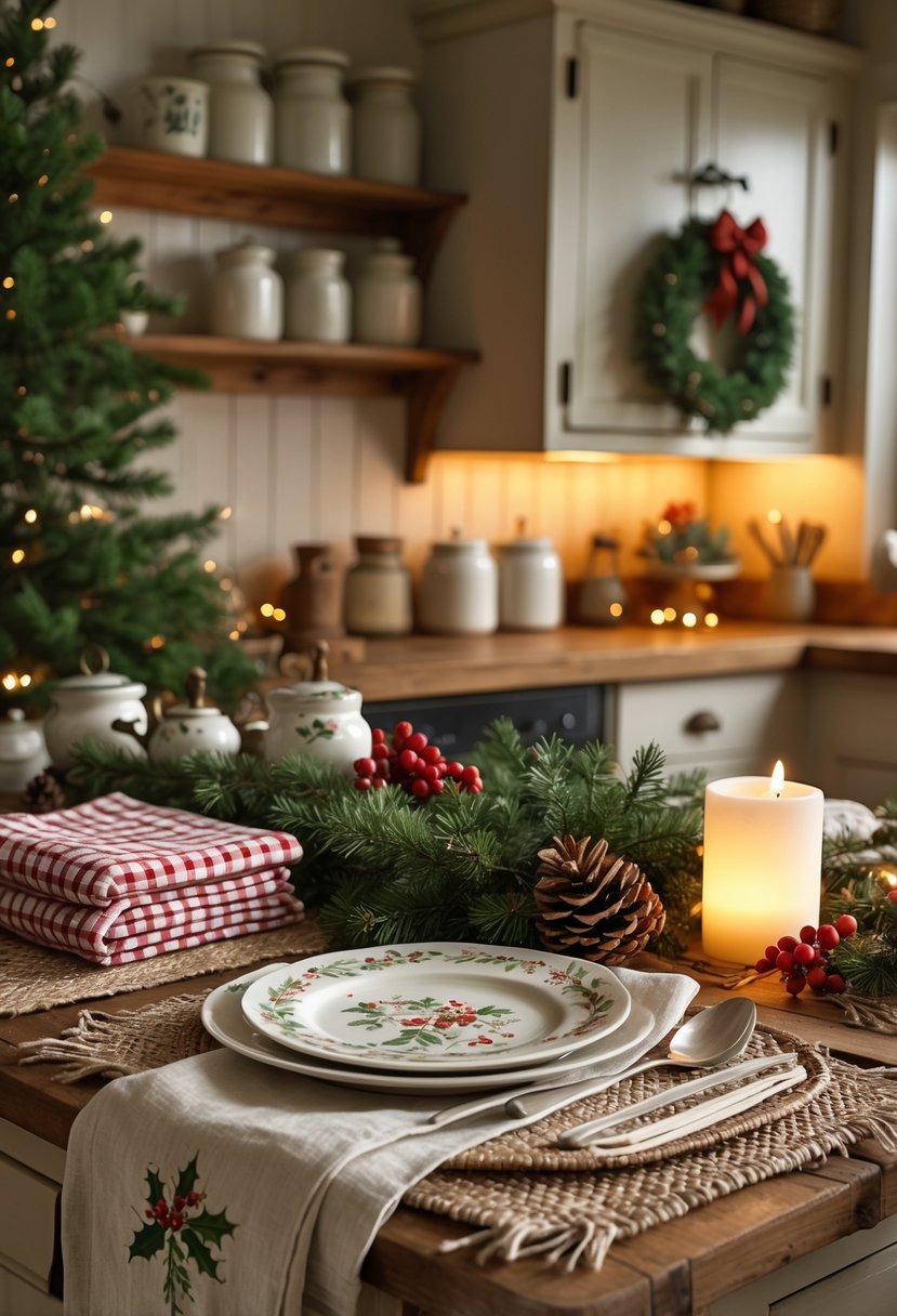 A cozy kitchen table with red and white checkered towels, pinecones, cinnamon sticks, and Christmas decorations arranged around it.