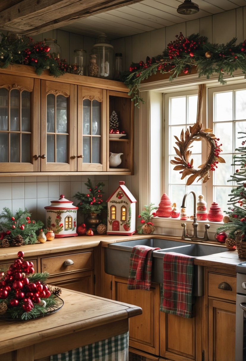 A cozy kitchen decorated with vintage Christmas ornaments, pine cones, red berries, and rustic holiday decorations arranged on shelves and a wooden table.