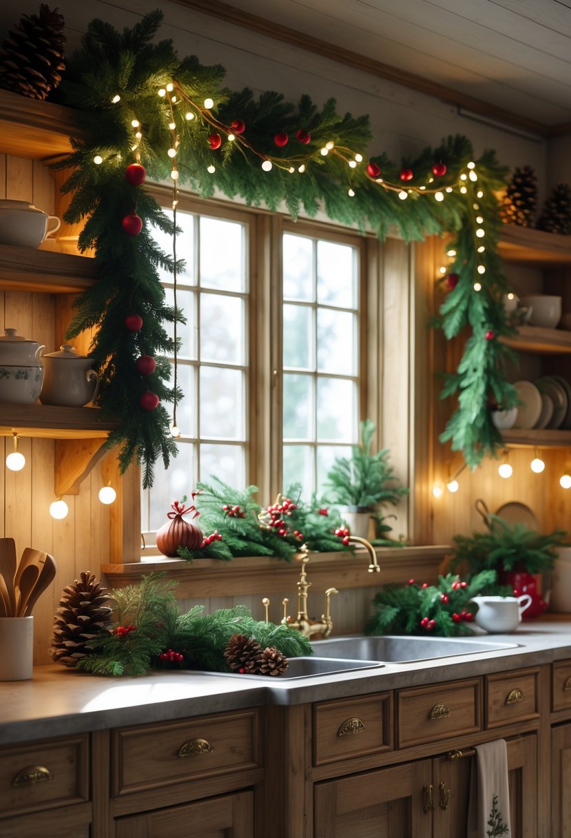 A cozy kitchen decorated with green garlands, pine cones, red berries, and warm white lights creating a festive Christmas atmosphere.