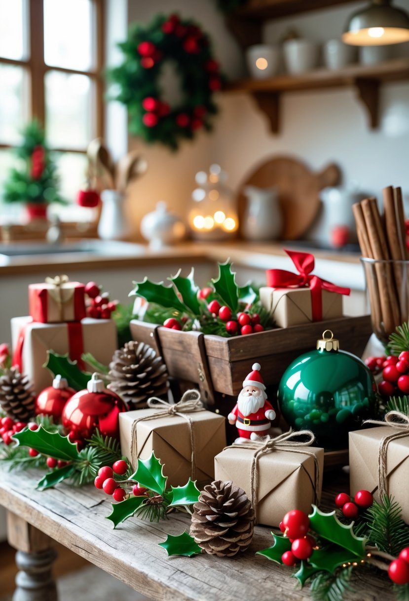 A rustic wooden kitchen table decorated with vintage Christmas ornaments, pinecones, holly, cinnamon sticks, small wrapped gifts, a miniature wooden sleigh, and a ceramic Santa figurine, all arranged to create a cozy holiday display.