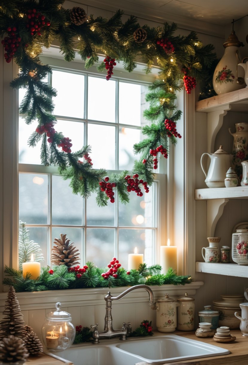 A kitchen window and shelves decorated with classic Christmas ornaments, pinecones, red berries, and candles.