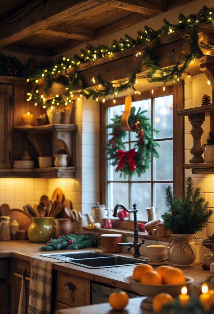 A cozy kitchen decorated with vintage Christmas ornaments, warm fairy lights, pinecones, and a wreath, creating a festive holiday atmosphere.
