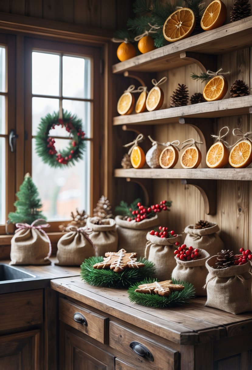 A cozy kitchen decorated with handmade Christmas ornaments including dried orange slices, cinnamon sticks, pine cones, gingerbread cookies, and woven wreaths on wooden shelves and a table.