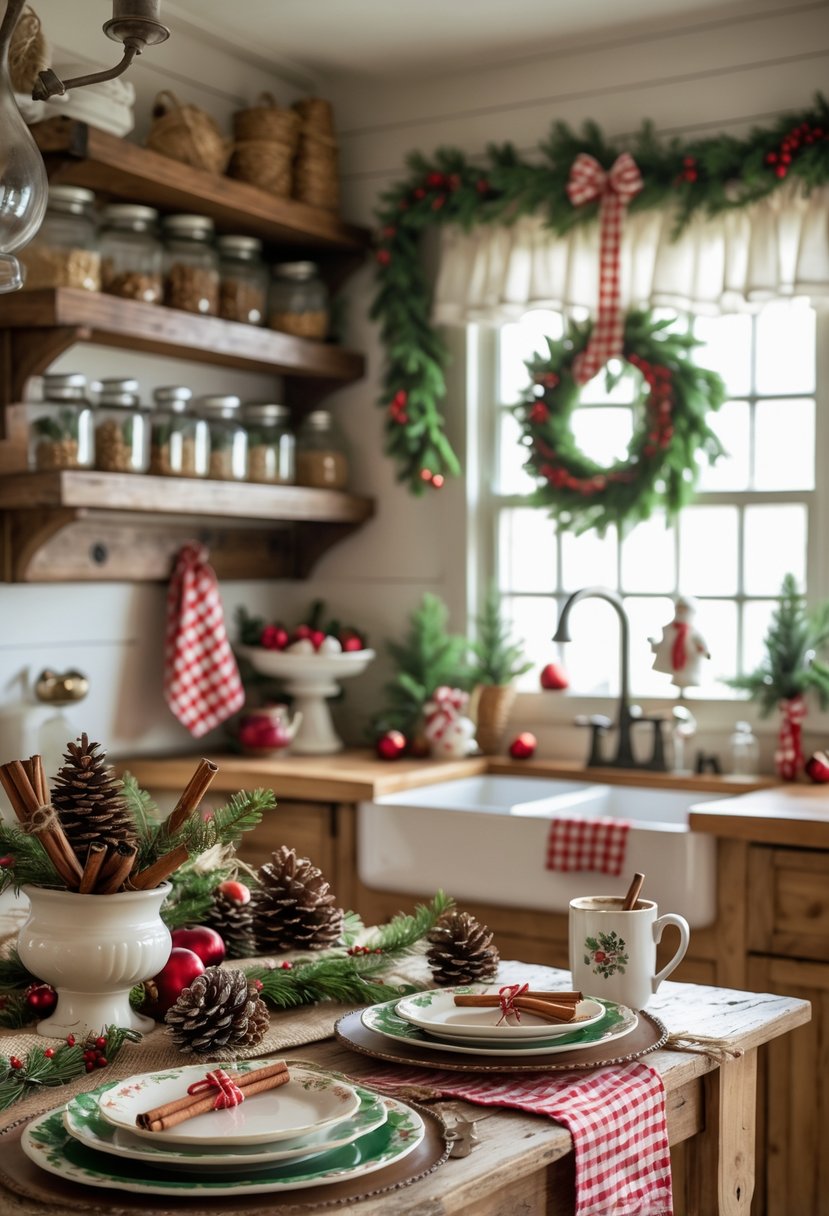 A cozy kitchen decorated for Christmas with vintage ornaments, pinecone centerpiece, plaid napkins, and a wreath on the wall.