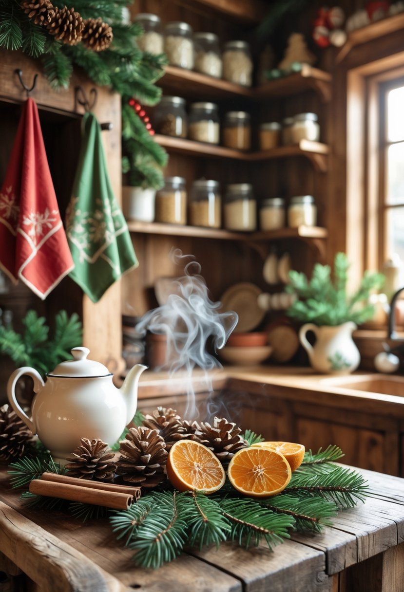 A cozy kitchen decorated with old-fashioned Christmas items including cinnamon sticks, dried oranges, pinecones, and evergreen sprigs on a wooden table, with a steaming teapot and holiday towels nearby.