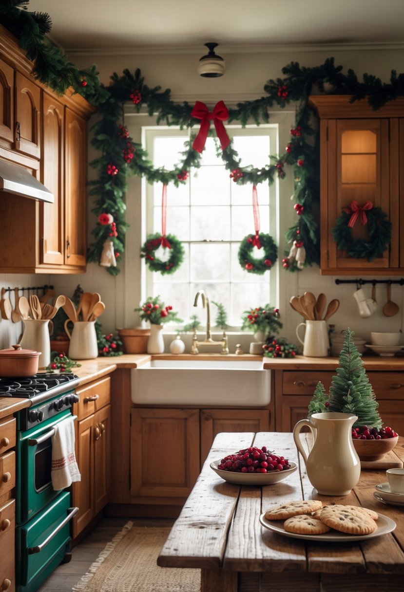 A cozy kitchen decorated with Christmas garlands, pine cones, cinnamon sticks, and a rustic table set with a pitcher, cranberries, and cookies.
