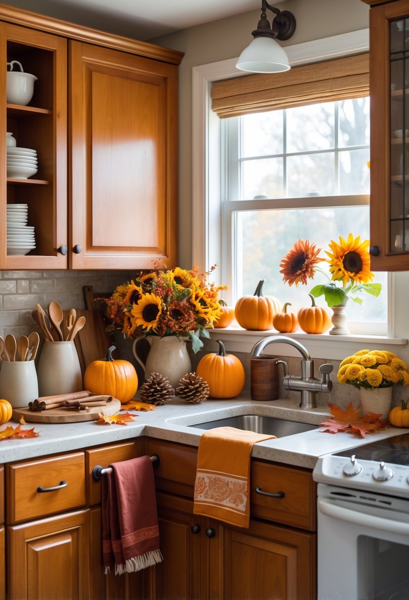 A small kitchen decorated with fall-themed items including pumpkins, dried leaves, and warm-colored textiles, with natural light coming through a window.