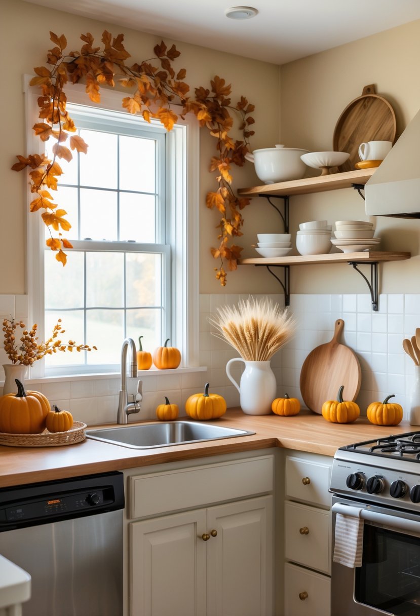 Small kitchen with subtle fall decorations including pumpkins, dried wheat, and fall foliage on the countertop, illuminated by natural light.