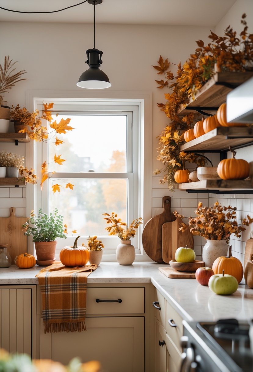 A small kitchen decorated with pumpkins, potted plants, and fall foliage, featuring warm autumn colors and natural light.
