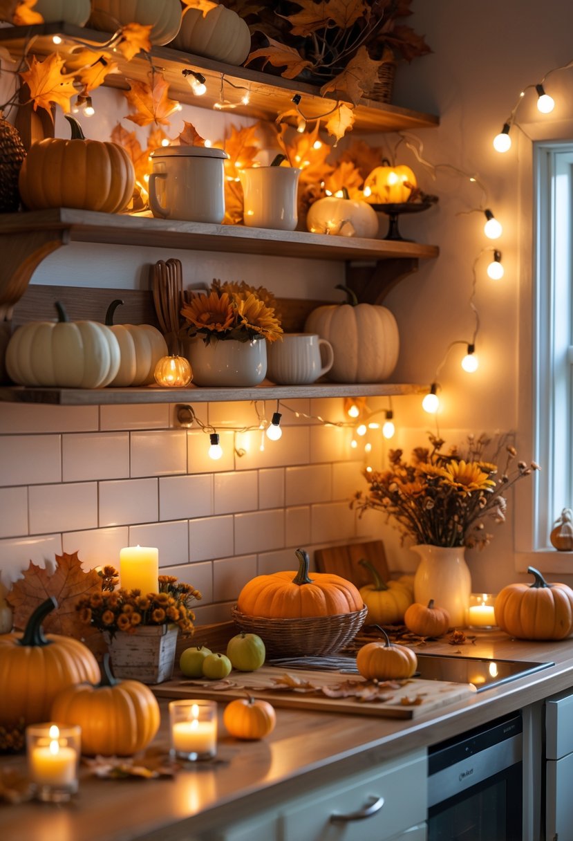 A small kitchen decorated for fall with warm ambient lighting, pumpkins, dried leaves, and seasonal fruits on the countertop.