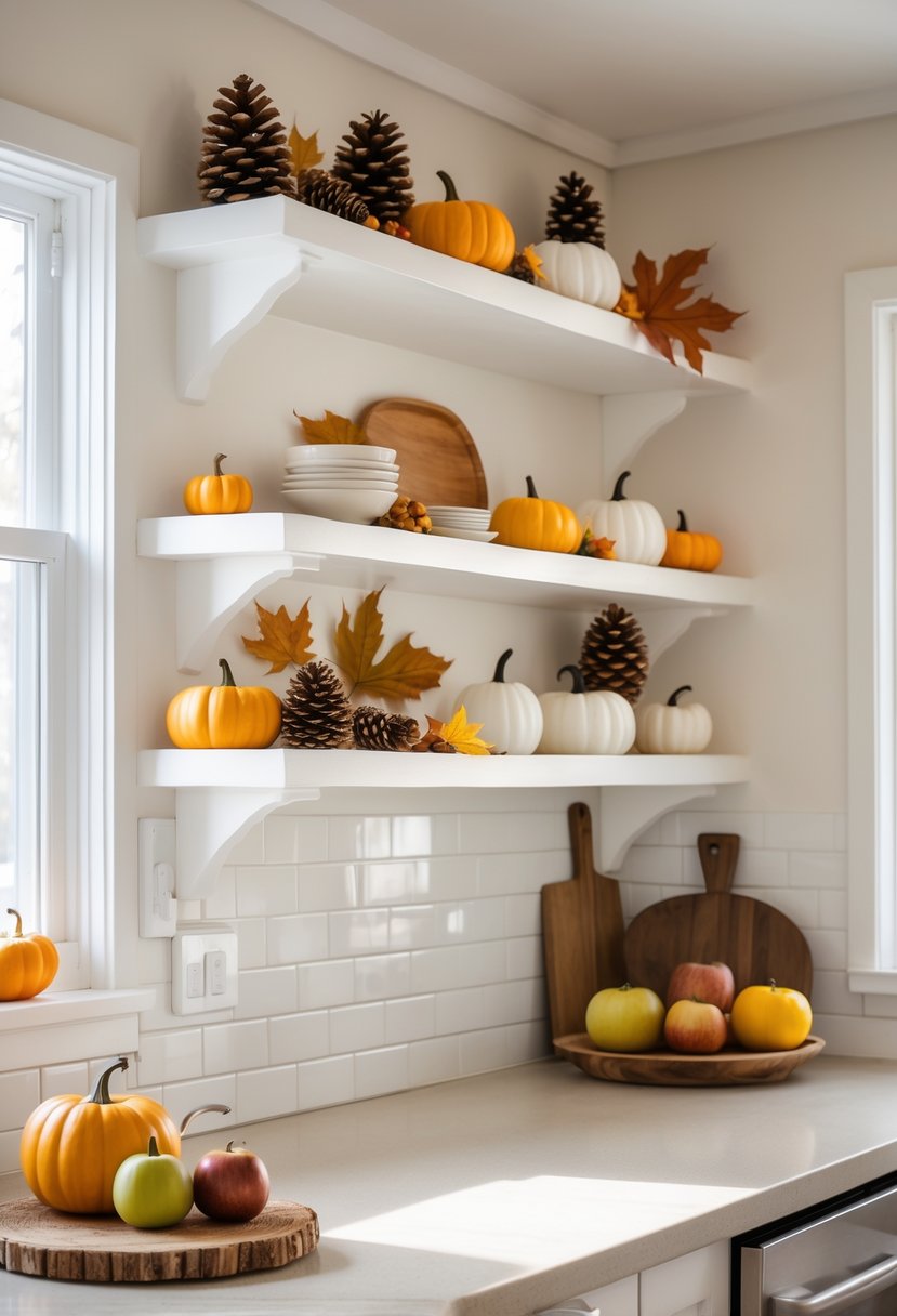 Small kitchen with open shelves decorated with pumpkins, pinecones, dried leaves, and warm-toned ceramics, illuminated by natural light.