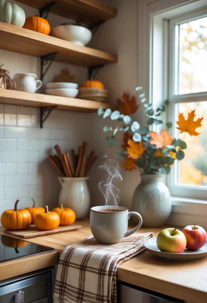 A small kitchen decorated for fall with pumpkins, cinnamon sticks, dried orange slices, and fall foliage on wooden countertops, with a steaming mug of tea and fresh apples.