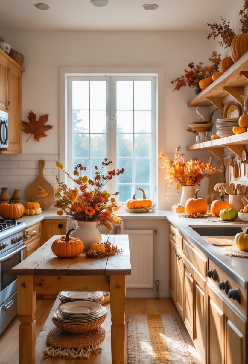 A small kitchen decorated with pumpkins, pinecones, colorful leaves, and seasonal fruits on a wooden table, illuminated by natural light.