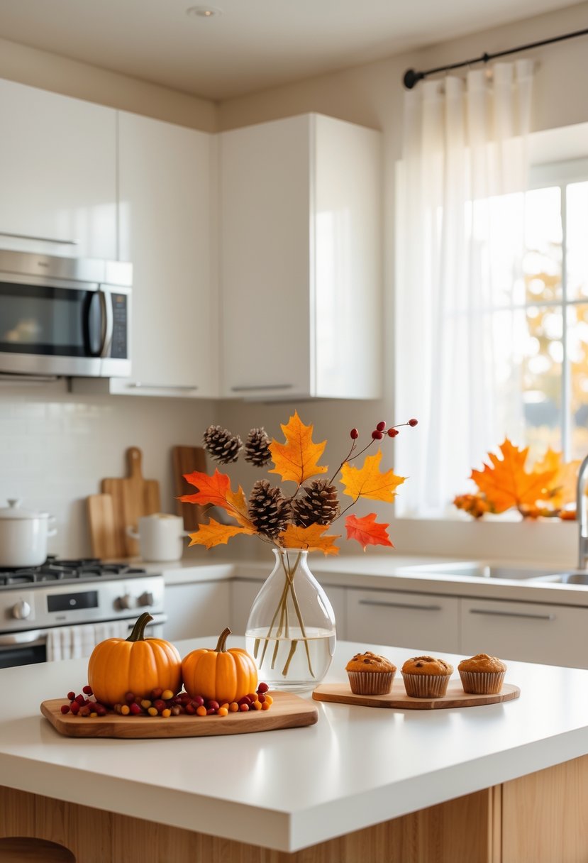 A clean, modern kitchen decorated with a small Thanksgiving centerpiece of pumpkins, fall leaves, and pinecones on the countertop, with baked goods and natural light coming through a window.