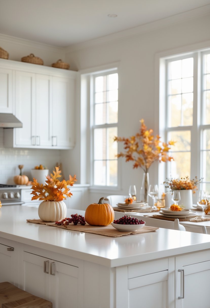 A clean and tidy kitchen with minimal Thanksgiving decorations including a small pumpkin and fall foliage, with a set dining table in the background.