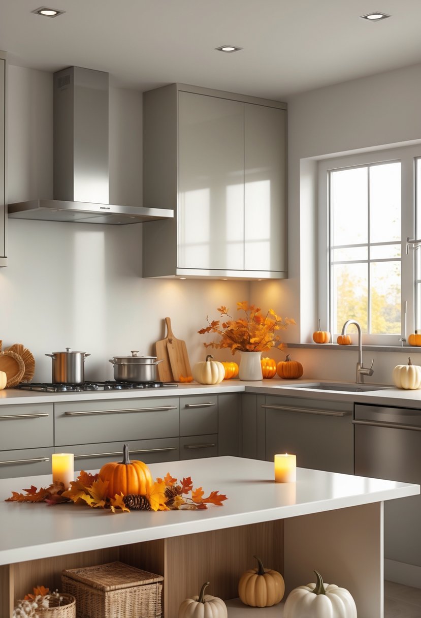 A clean and organized modern kitchen decorated with small pumpkins and fall leaves for Thanksgiving, featuring tidy countertops and warm natural light.