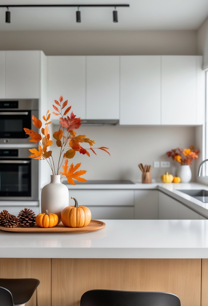 A modern kitchen counter decorated with a small pumpkin, fall leaves in a vase, and autumn gourds, showing a tidy and festive Thanksgiving setup.
