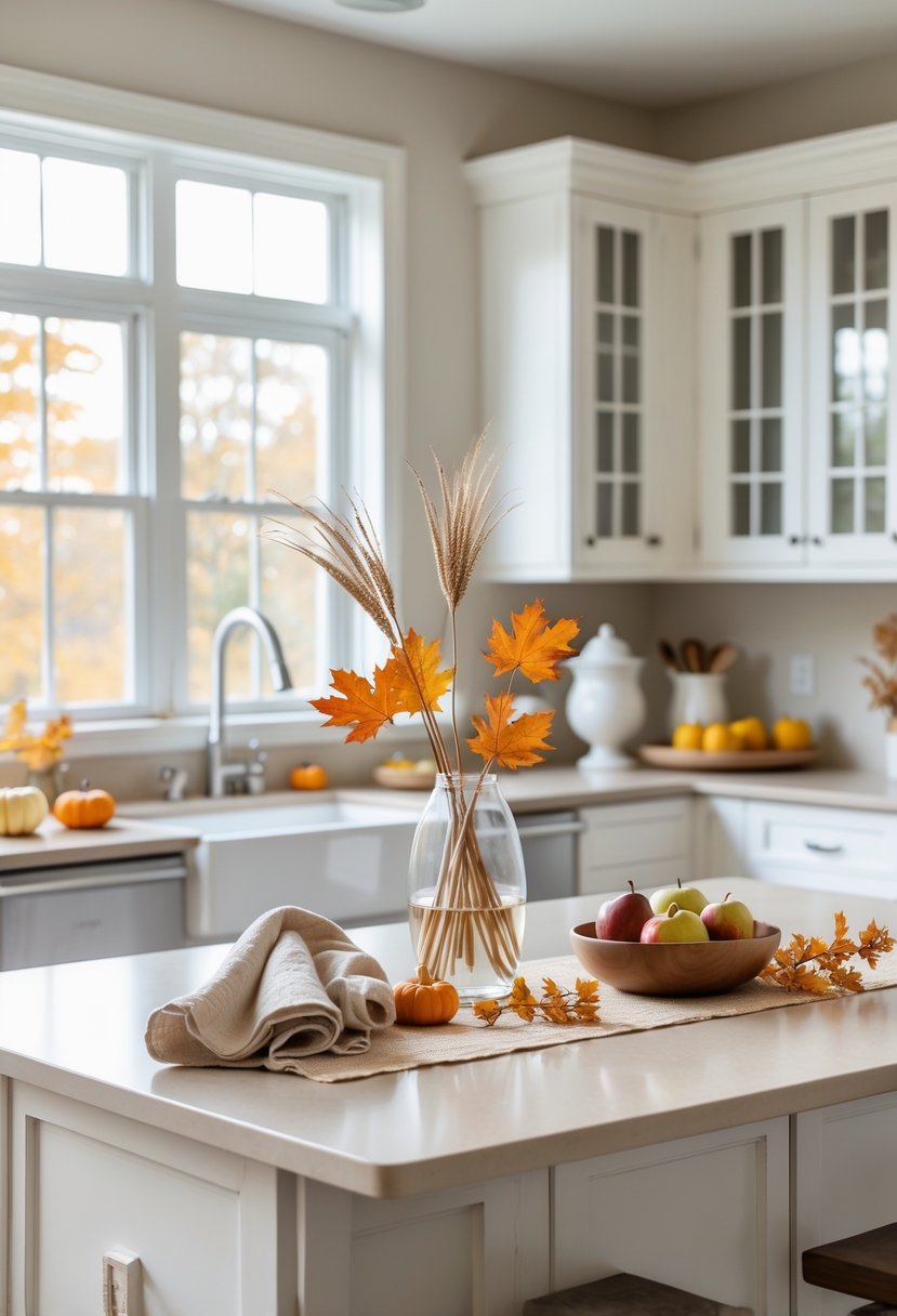 A clean, modern kitchen with subtle autumn decorations including a small fall leaf arrangement, mini pumpkins, and seasonal fruits on the island.