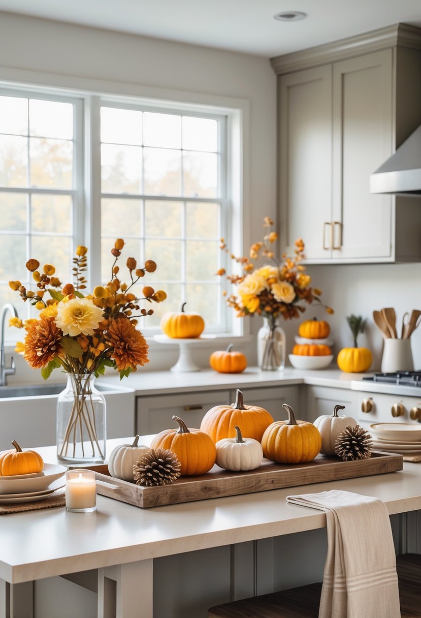 A kitchen decorated for Thanksgiving with grouped pumpkins, gourds, pinecones, and flowers arranged neatly on a kitchen island, creating a warm and inviting atmosphere.