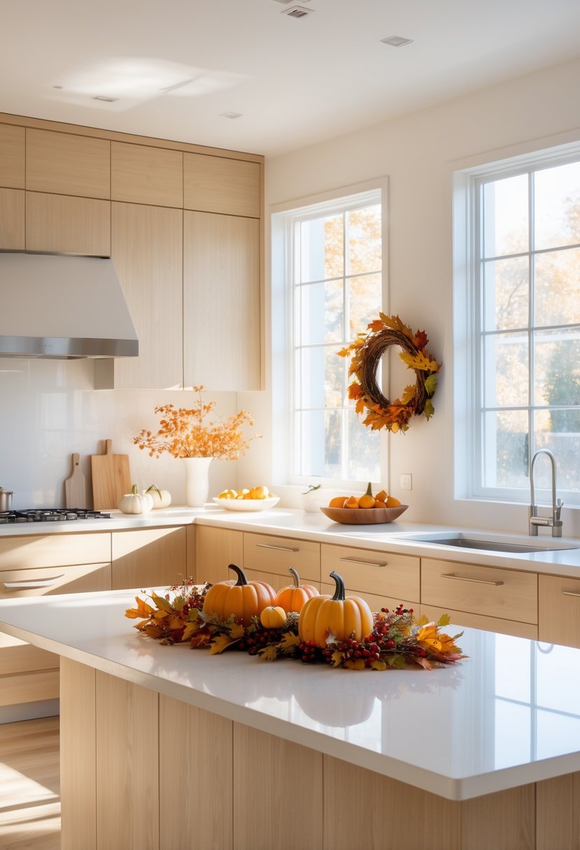 A clean, modern kitchen decorated with simple Thanksgiving decorations including small pumpkins and a fall centerpiece on the island, with bright natural light and clear countertops.