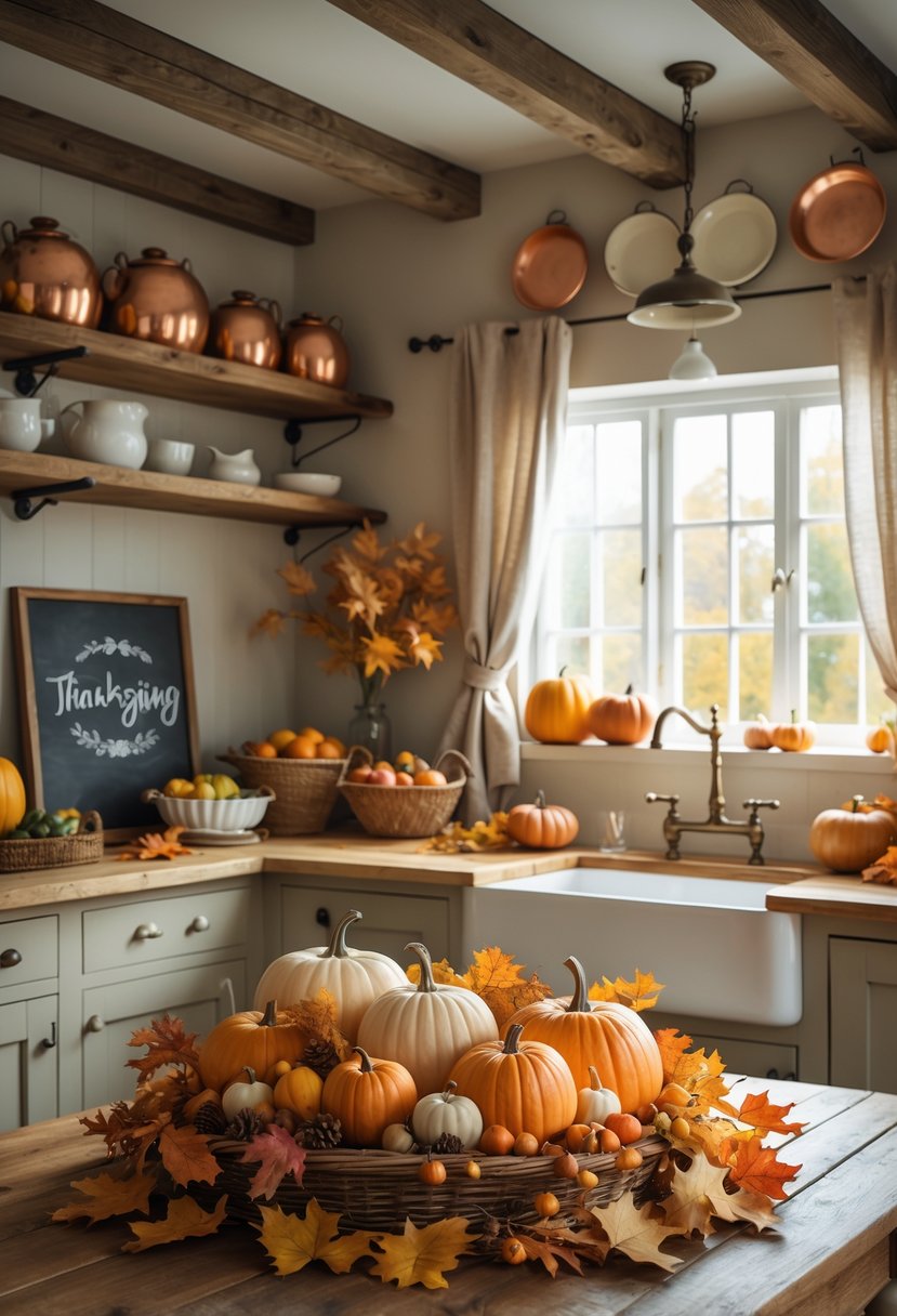 A farmhouse kitchen decorated for Thanksgiving with pumpkins, gourds, fall leaves, wooden countertops, and natural light coming through a window.