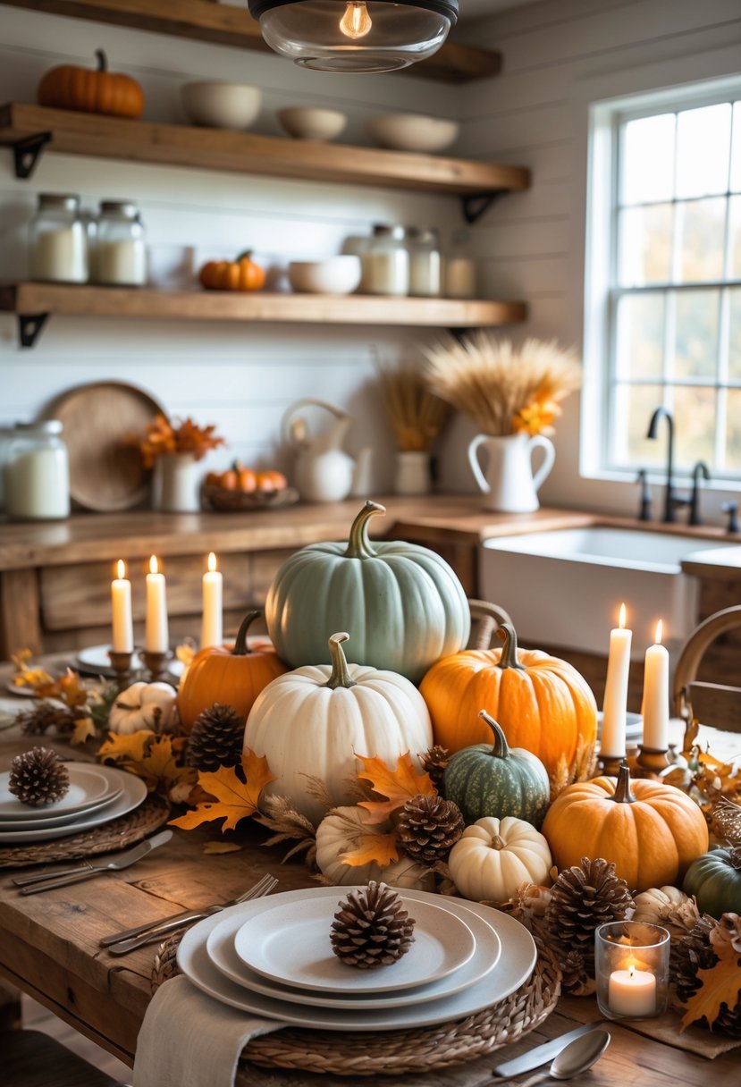 A farmhouse kitchen dining table decorated with a centerpiece of pumpkins, autumn leaves, pine cones, and candles for Thanksgiving.